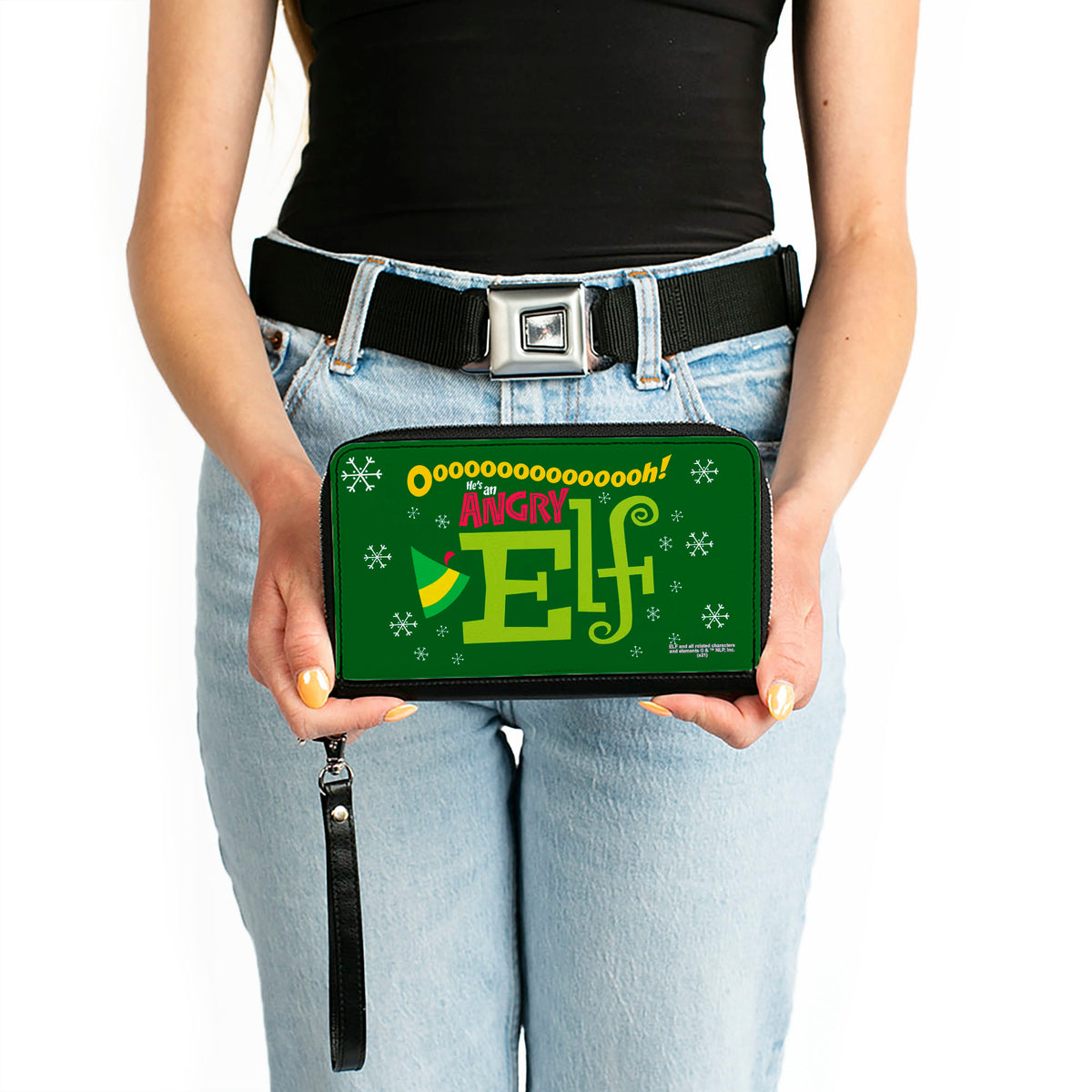 Women's PU Zip Around Wallet Rectangle - Elf OH HE'S AN ANGRY ELF Quote Greens Yellow Red Clutch Zip Around Wallets Elf