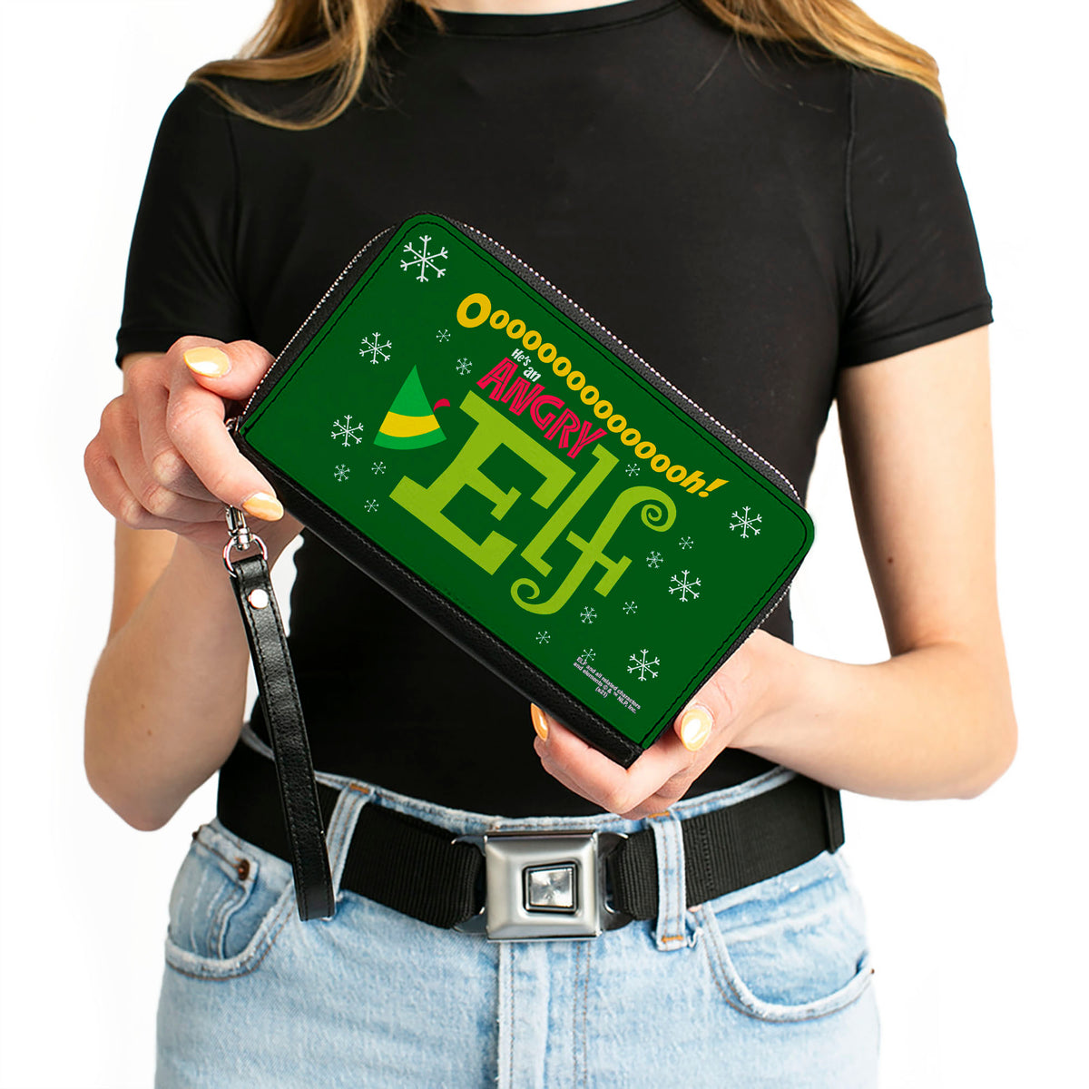 Women's PU Zip Around Wallet Rectangle - Elf OH HE'S AN ANGRY ELF Quote Greens Yellow Red Clutch Zip Around Wallets Elf