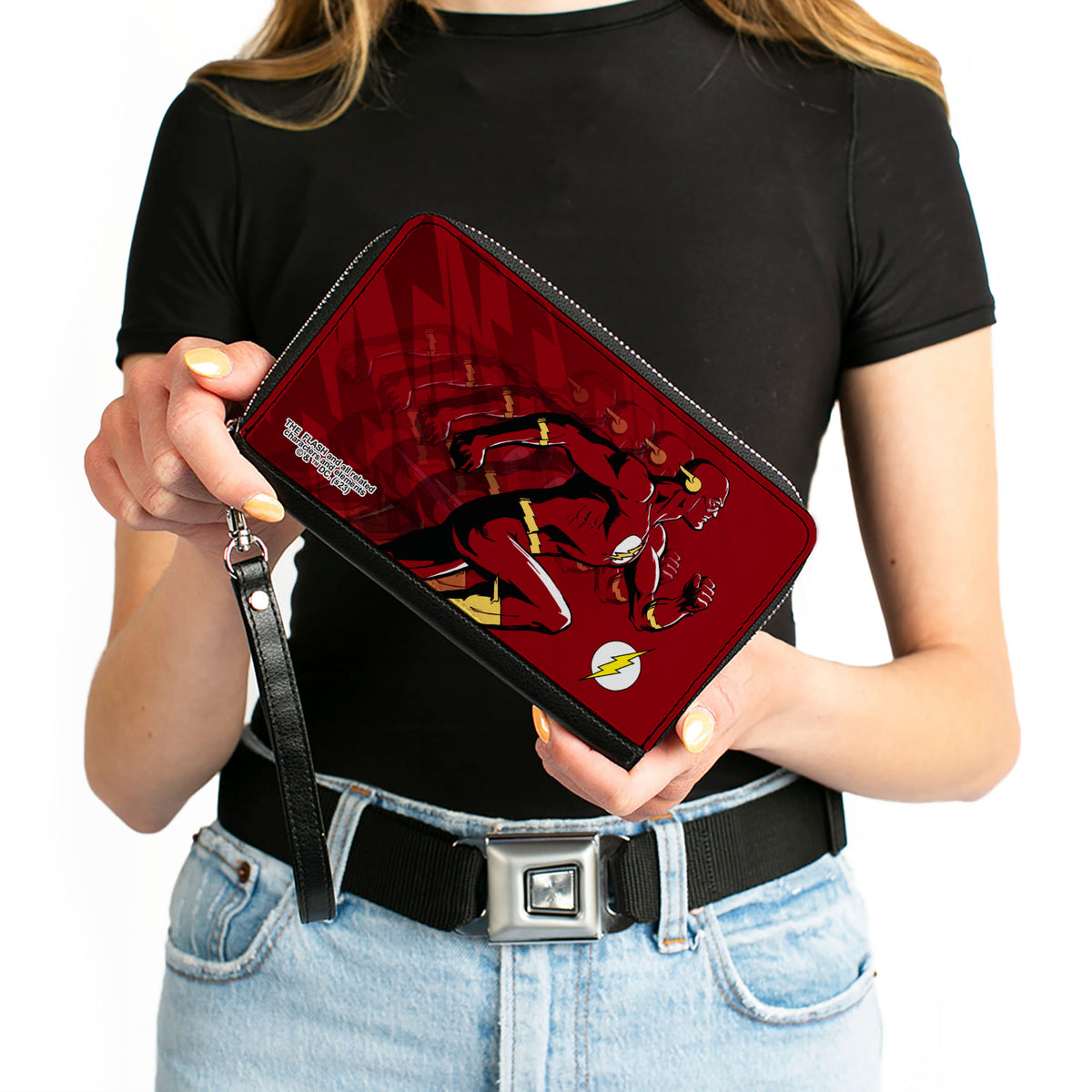 PU Zip Around Wallet Rectangle - The Flash Running Pose and Bolt Trails Reds Clutch Zip Around Wallets DC Comics   