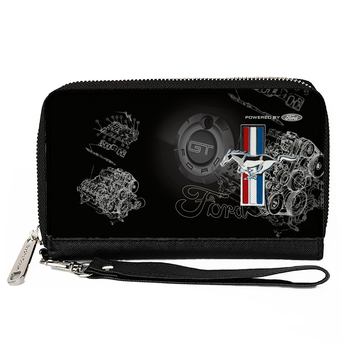 PU Zip Around Wallet Rectangle - Mustang Tri-Bar Stripe/GT Motor Blueprint Clutch Zip Around Wallets Ford   