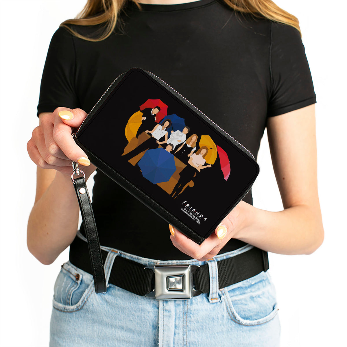 Women's PU Zip Around Wallet Rectangle - Friends Umbrella Group Poses Silhouette I'LL BE THERE FOR YOU Black White Clutch Zip Around Wallets Friends   