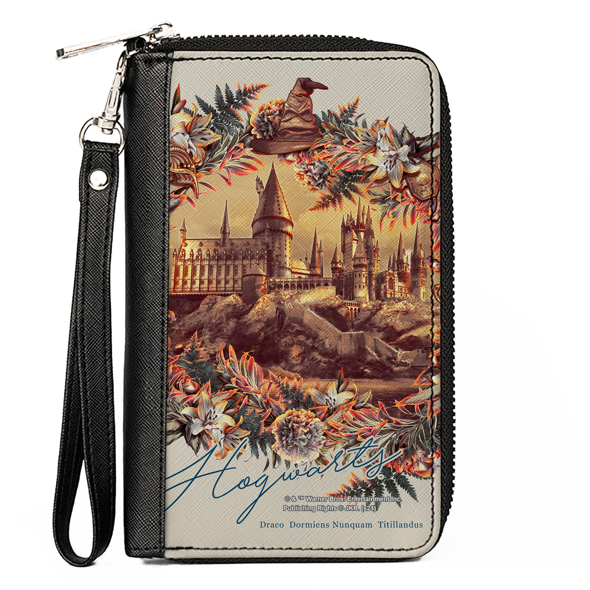 Women's PU Zip Around Wallet Rectangle - Harry Potter Hogwarts Castle Floral Collage Gray Clutch Zip Around Wallets Harry Potter