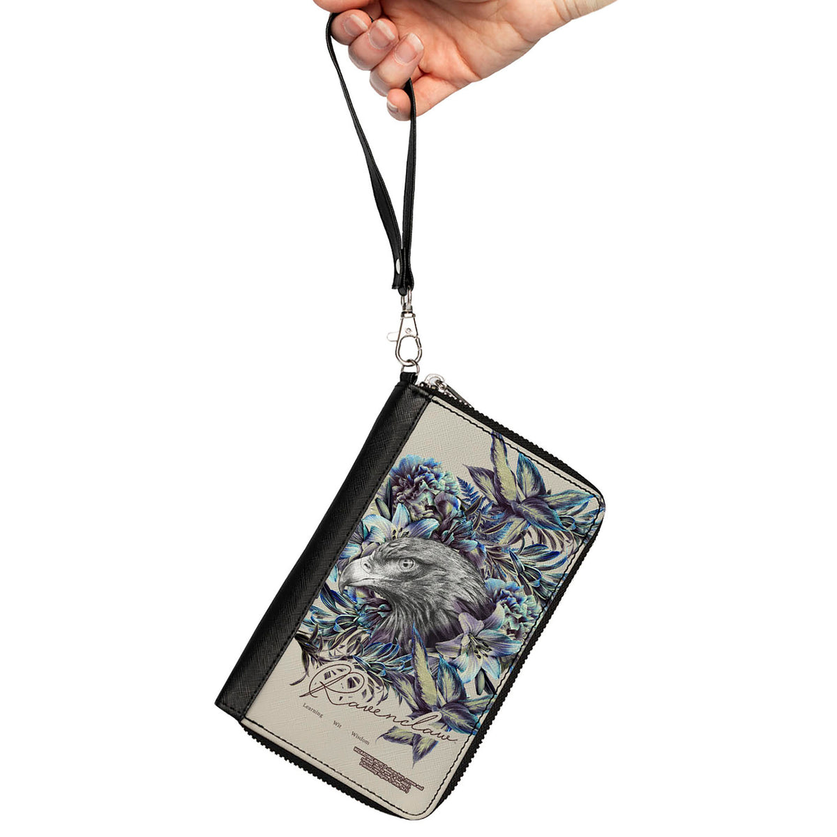 Women's PU Zip Around Wallet Rectangle - Harry Potter RAVENCLAW Floral Eagle Sketch Grays Blues Clutch Zip Around Wallets Harry Potter