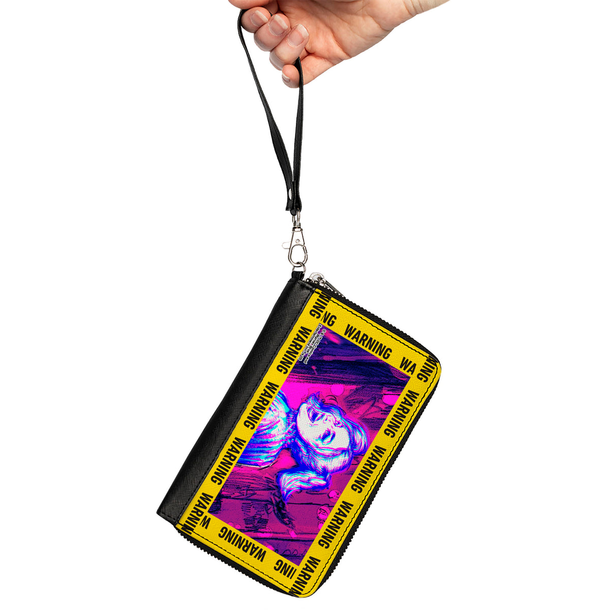 Women's PU Zip Around Wallet Rectangle - Birds of Prey Harley Quinn WARNING Smiling Pose Yellow Black Clutch Zip Around Wallets DC Comics   