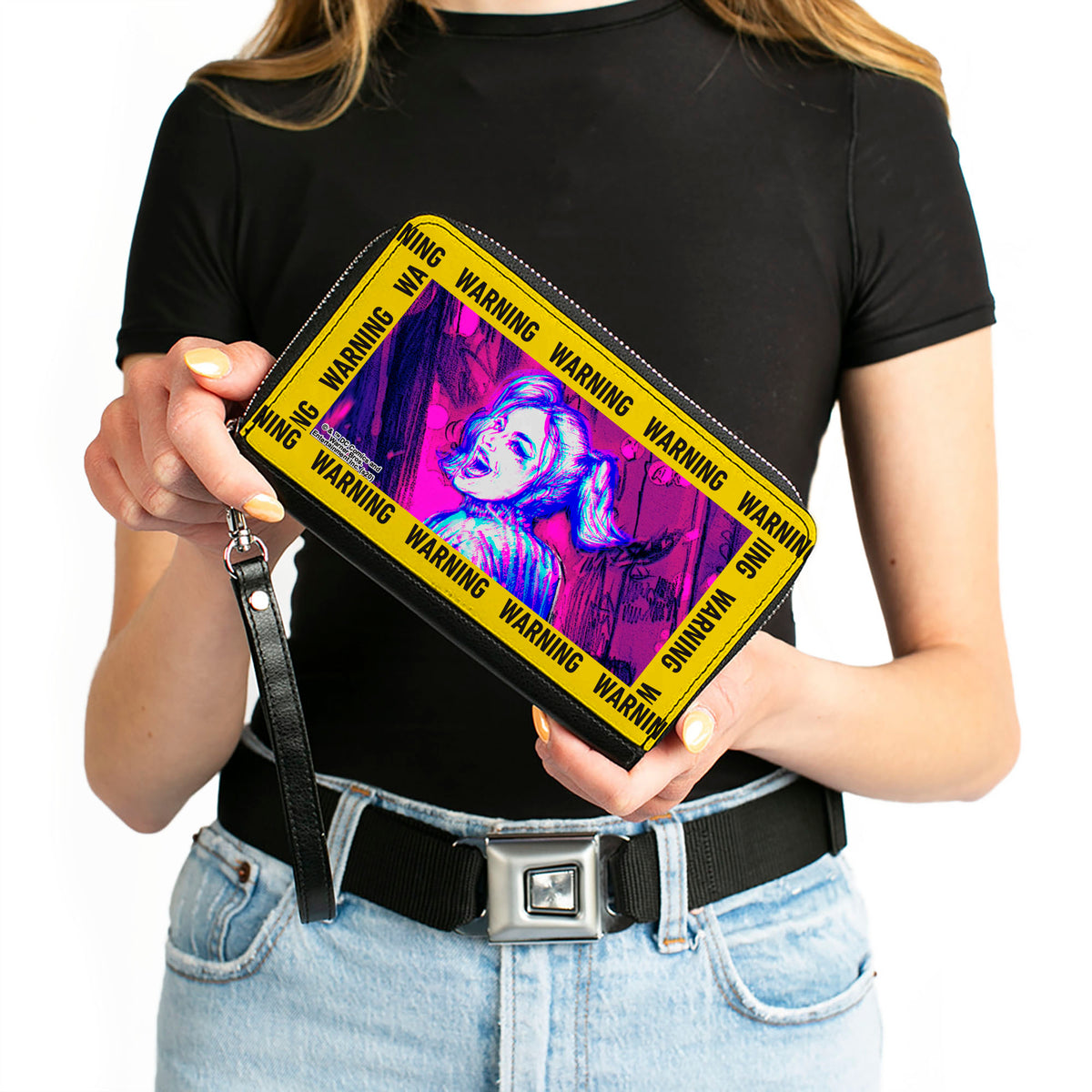 Women's PU Zip Around Wallet Rectangle - Birds of Prey Harley Quinn WARNING Smiling Pose Yellow Black Clutch Zip Around Wallets DC Comics   