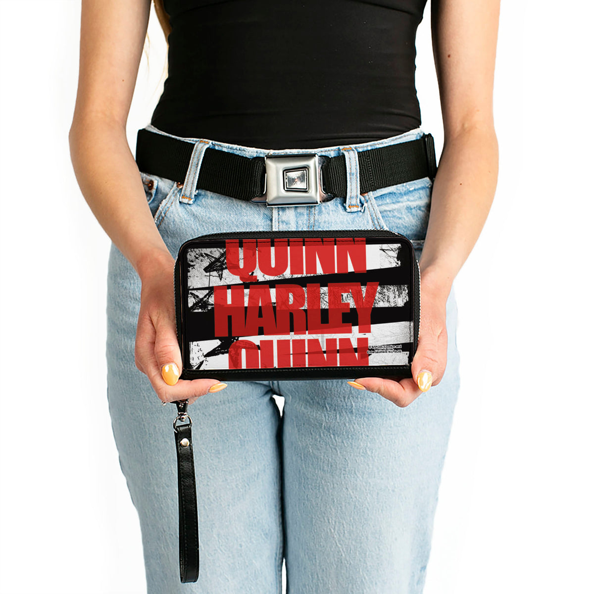 Women's PU Zip Around Wallet Rectangle - Birds of Prey HARLEY QUINN Bold Stars and Stripes Black White Red Clutch Zip Around Wallets DC Comics   