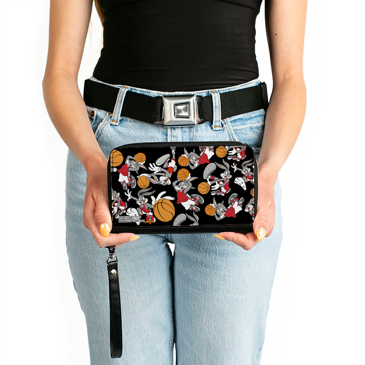 PU Zip Around Wallet Rectangle - Bugs Bunny Basketball Poses Scattered Black Clutch Zip Around Wallets Looney Tunes   