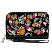 PU Zip Around Wallet Rectangle - Bugs Bunny Basketball Poses Scattered Black Clutch Zip Around Wallets Looney Tunes   