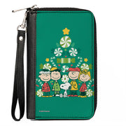 PU Zip Around Wallet Rectangle - Peanuts Holiday Christmas Tree Group Pose Greens Clutch Zip Around Wallets Peanuts