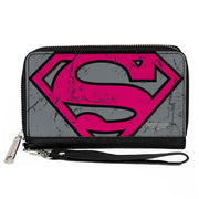 Women's PU Zip Around Wallet Rectangle - Superman Shield CLOSE-UP Weathered Grays Black Pink Clutch Zip Around Wallets DC Comics   