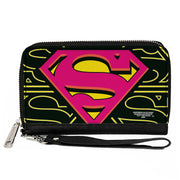 Women's PU Zip Around Wallet Rectangle - Superman Shield CLOSE-UP Outlines Black Yellow Orange Hot Pink Clutch Zip Around Wallets DC Comics   