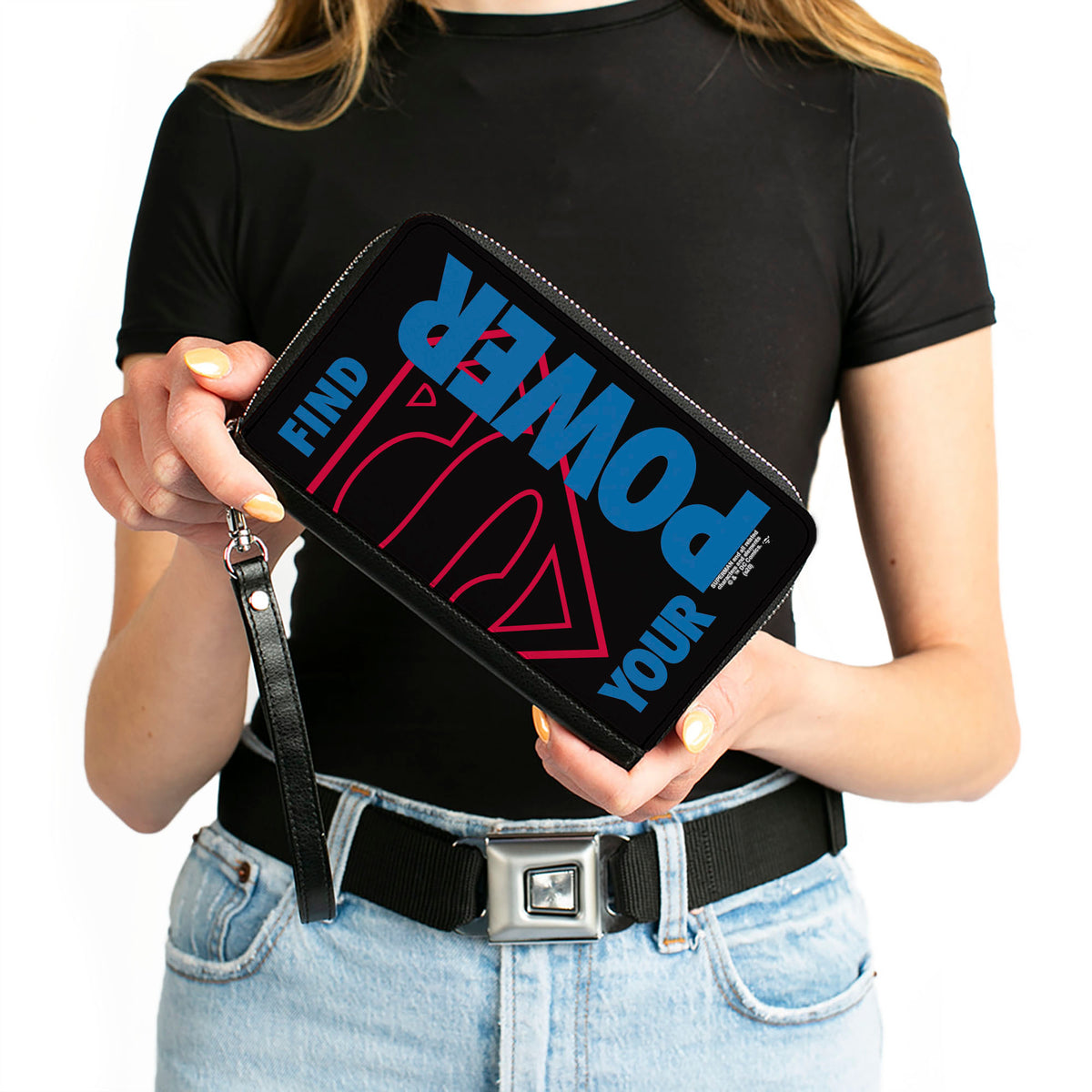 Women's PU Zip Around Wallet Rectangle - Superman Shield FIND YOUR POWER Black Red Blue Clutch Zip Around Wallets DC Comics   