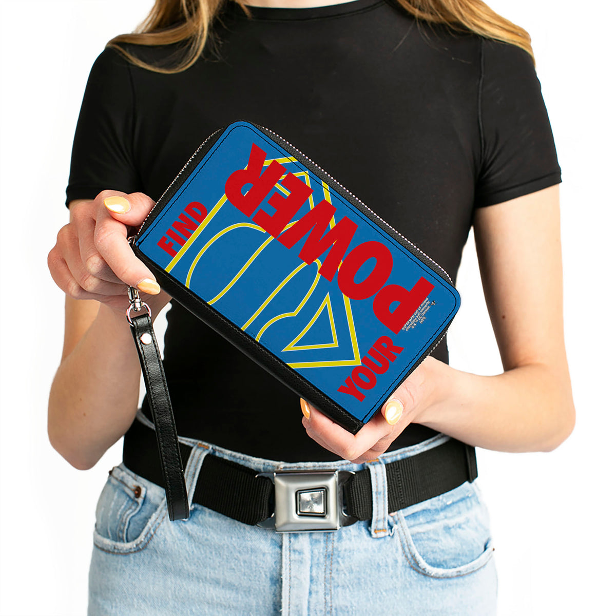 Women's PU Zip Around Wallet Rectangle - Superman Shield FIND YOUR POWER Blue Yellow Red Clutch Zip Around Wallets DC Comics   