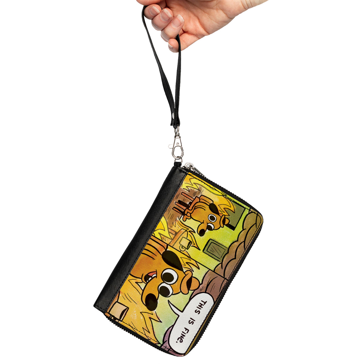 PU Zip Around Wallet Rectangle - THIS IS FINE Question Hound Cafe Fire Comic Strip Blocks Clutch Zip Around Wallets This is Fine