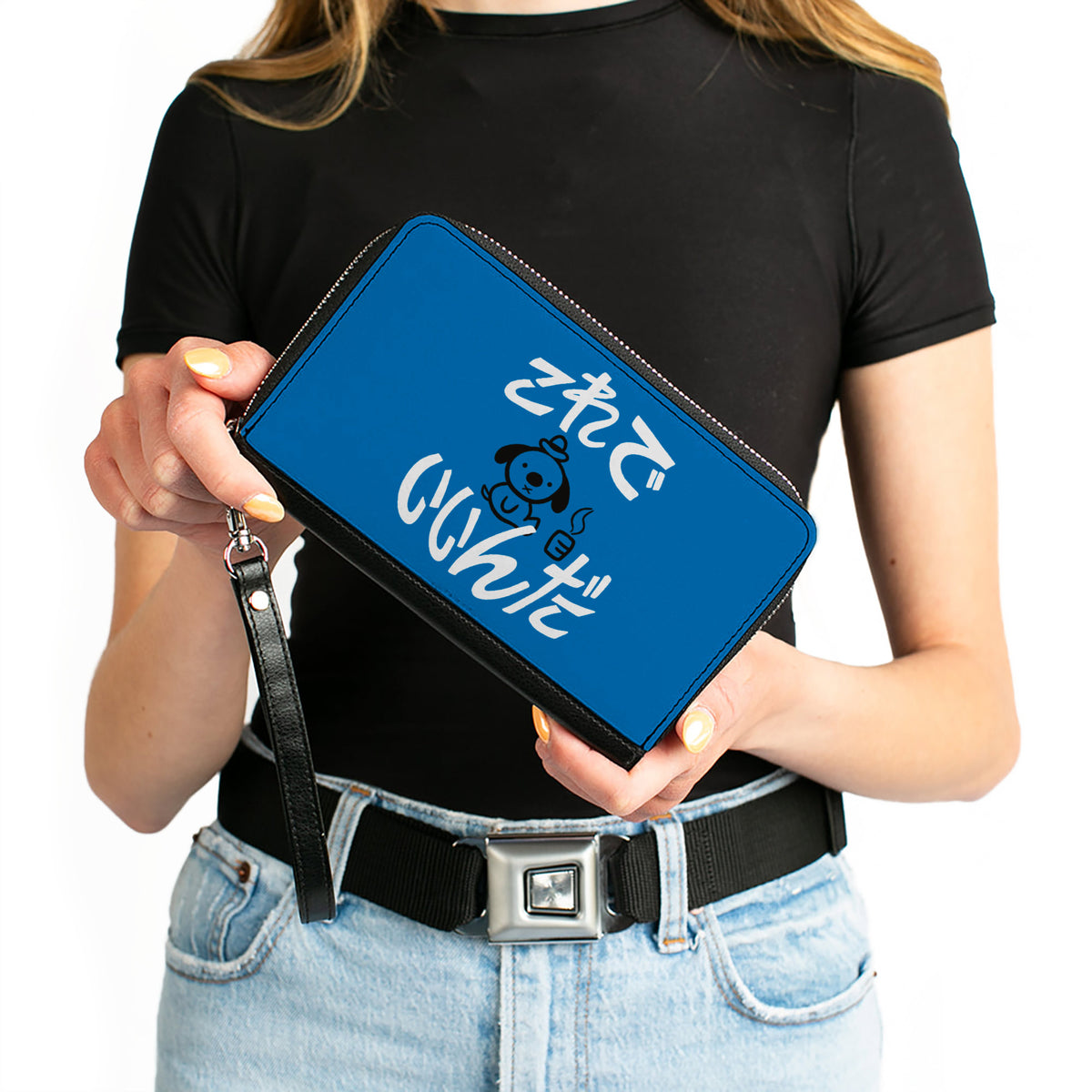 PU Zip Around Wallet Rectangle - This is Fine Japanese Question Hound Flame Blue/Black/White Clutch Zip Around Wallets This is Fine