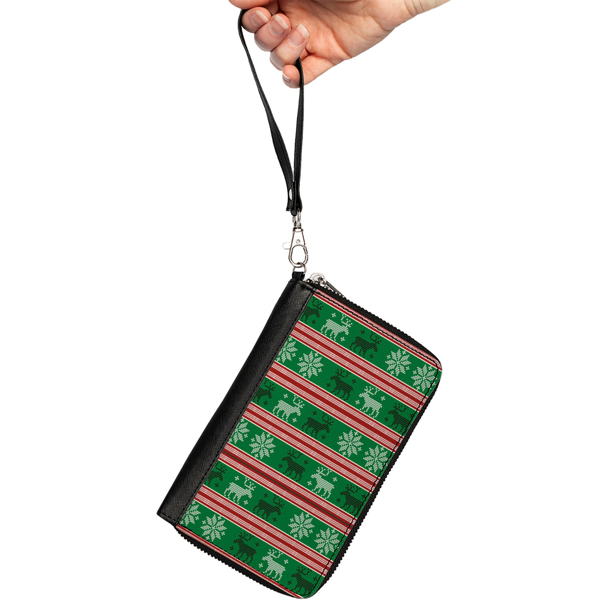 Women's PU Zip Around Wallet Rectangle - Ugly Christmas Sweater Stitch Moose Snowflakes Reds Greens Clutch Zip Around Wallets Buckle-Down   