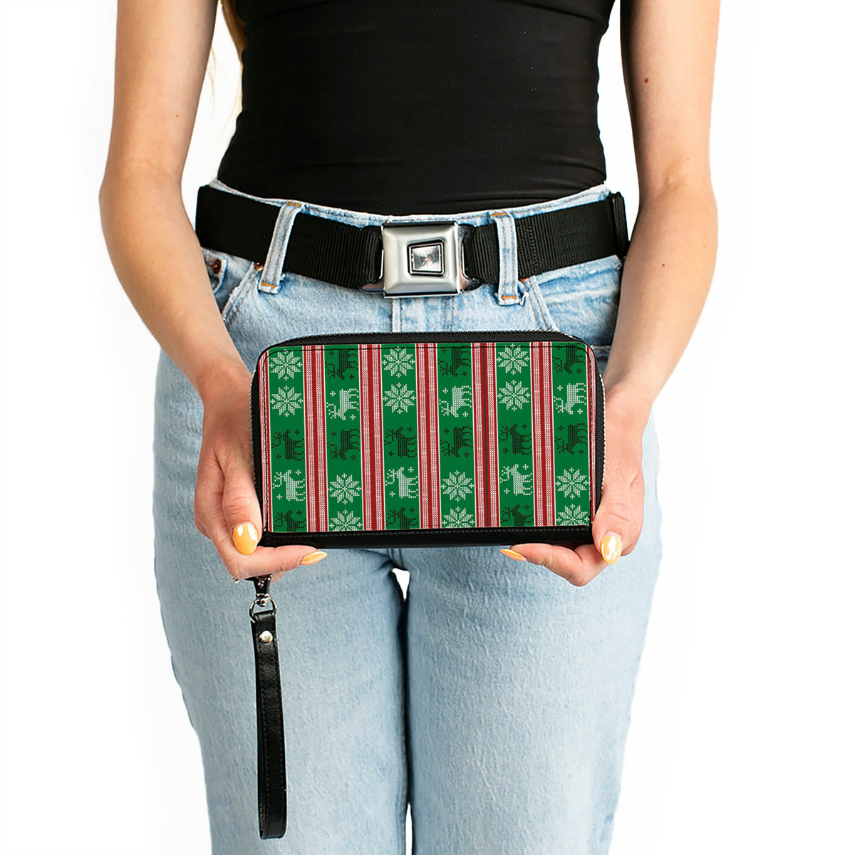 Women's PU Zip Around Wallet Rectangle - Ugly Christmas Sweater Stitch Moose Snowflakes Reds Greens Clutch Zip Around Wallets Buckle-Down   