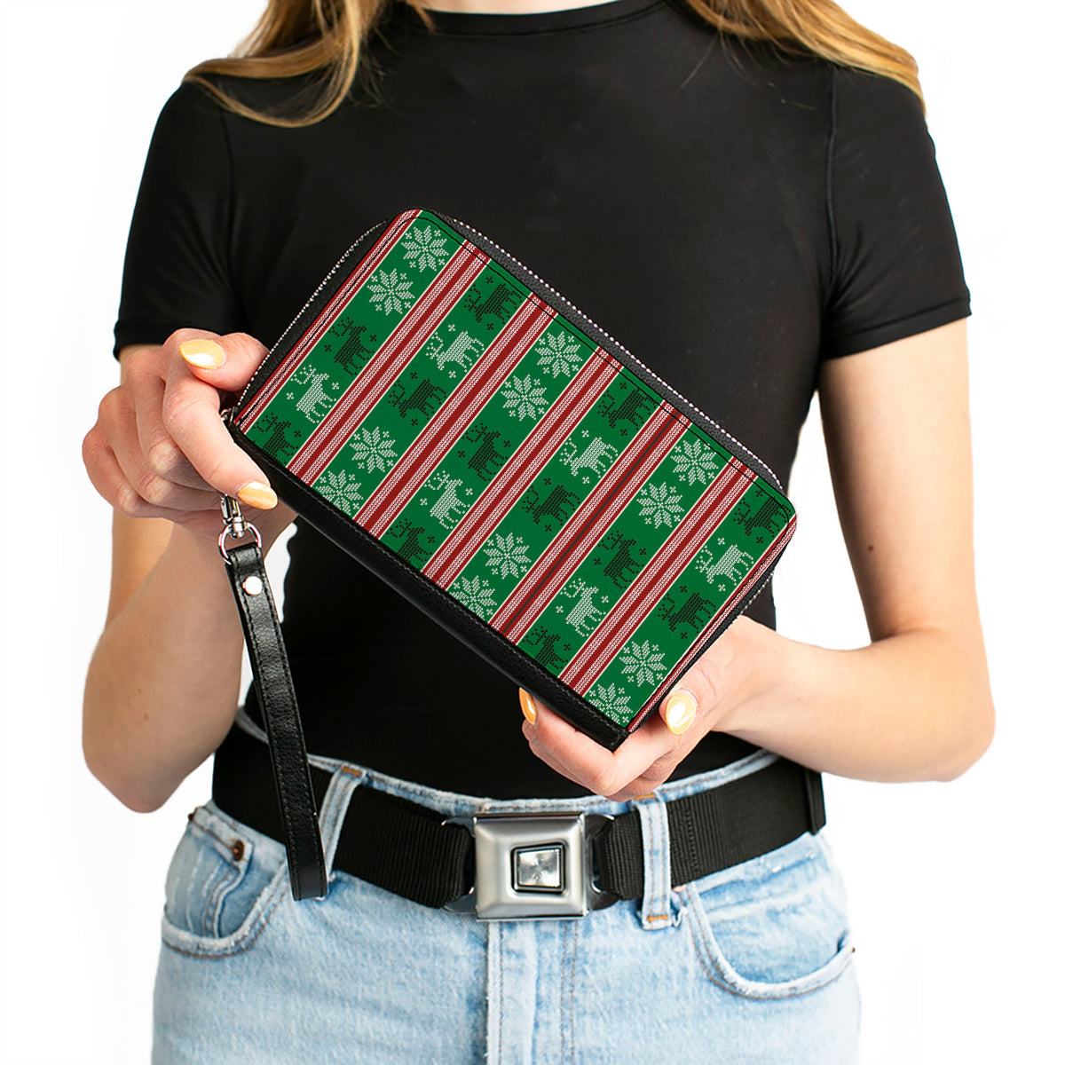 Women's PU Zip Around Wallet Rectangle - Ugly Christmas Sweater Stitch Moose Snowflakes Reds Greens Clutch Zip Around Wallets Buckle-Down   
