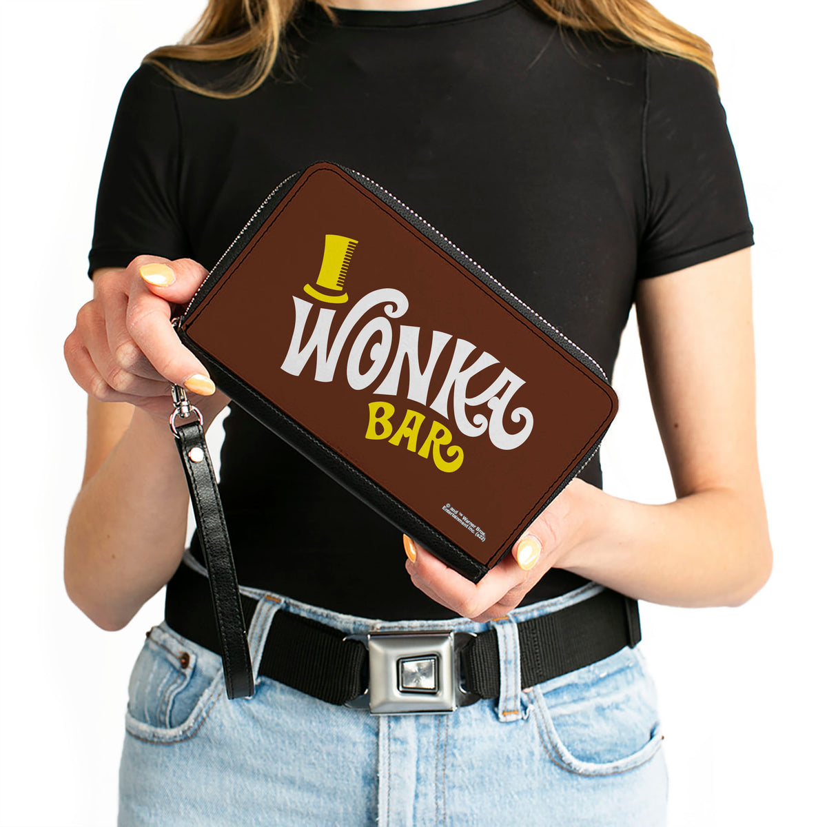 PU Zip Around Wallet Rectangle - Willy Wonka and the Chocolate Factory WONKA BAR Logo Brown Yellow White Clutch Zip Around Wallets Willy Wonka and the Chocolate Factory