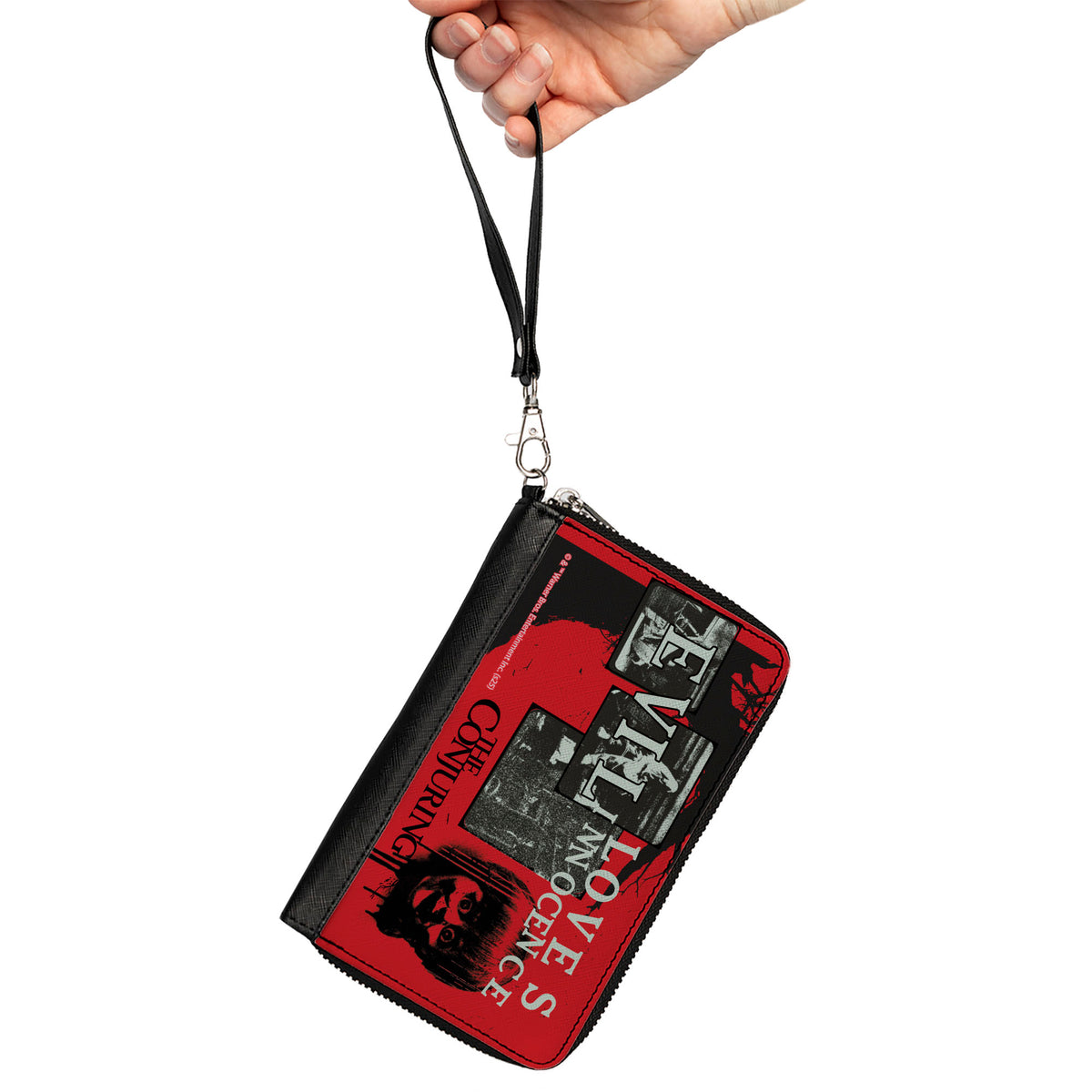 PU Zip Around Wallet Rectangle - The Conjuring EVIL LOVES INNOCENCE Pose Blocks Red/Black Clutch Zip Around Wallets The Conjuring