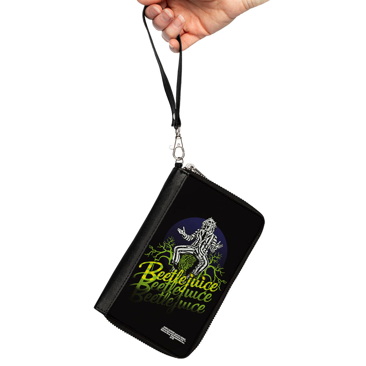 Women's PU Zip Around Wallet Rectangle - BEETLEJUICE Sitting on Tombstone Pose Trees Black Purple Green Yellow Clutch Zip Around Wallets Beetlejuice
