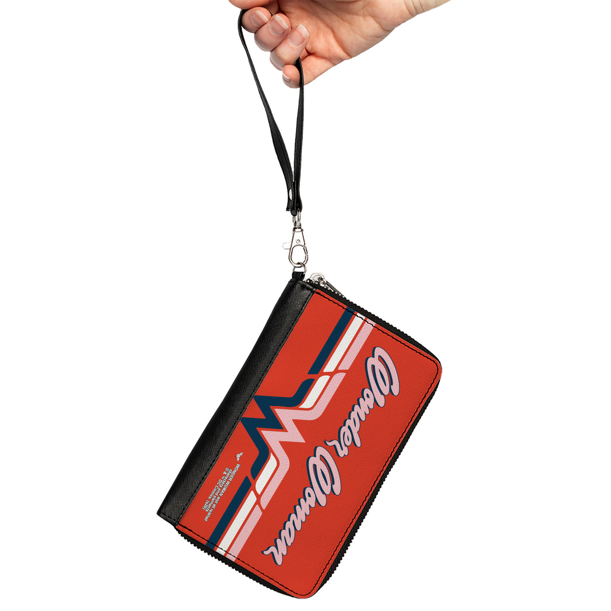 Women's PU Zip Around Wallet Rectangle - WONDER WOMAN Script Logo Striping Red Navy Pink White Clutch Zip Around Wallets DC Comics   