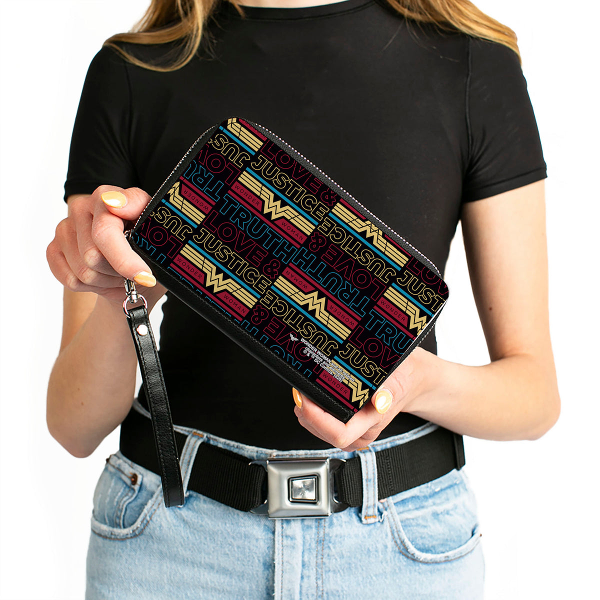 Women's PU Zip Around Wallet Rectangle - Wonder Woman 1984 TRUTH LOVE & JUSTICE Black Blue Red Gold Clutch Zip Around Wallets DC Comics   