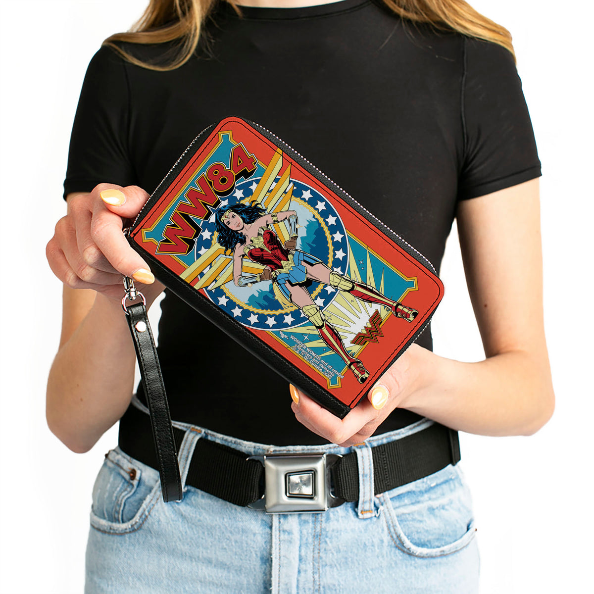 Women's PU Zip Around Wallet Rectangle - Wonder Woman WW84 Standing Pose Stars Reds Yellows Blues Clutch Zip Around Wallets DC Comics   