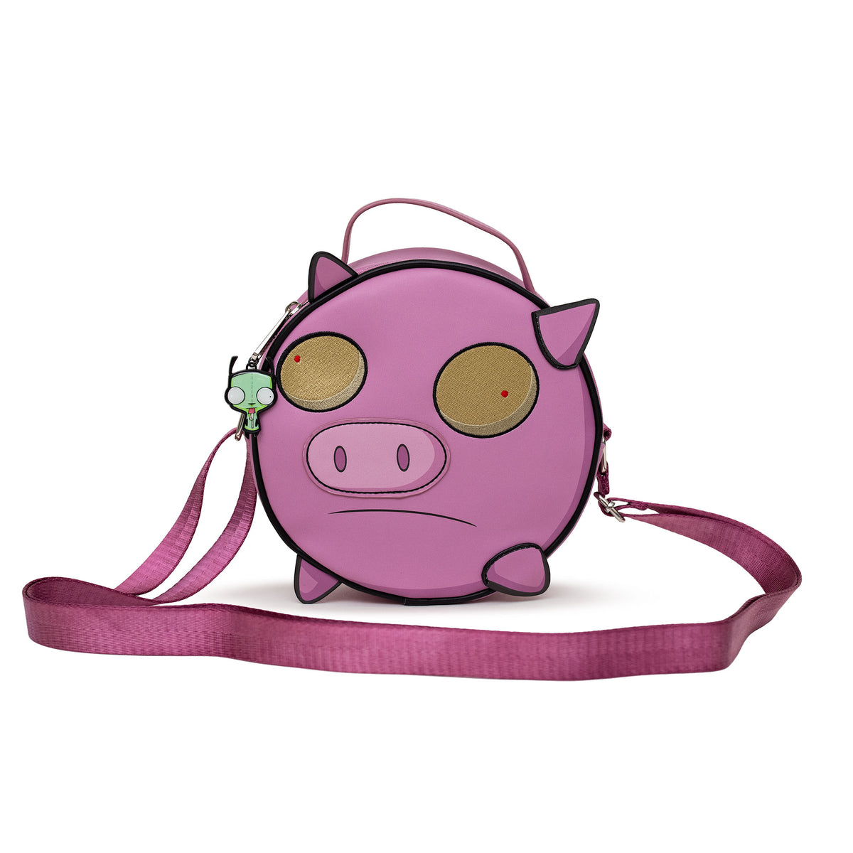 Nickelodeon Bag, Cross Body, Round, Invader Zim Piggy Close Up Applique with Embroidery, Pink, Vegan Leather Crossbody Bags Nickelodeon   
