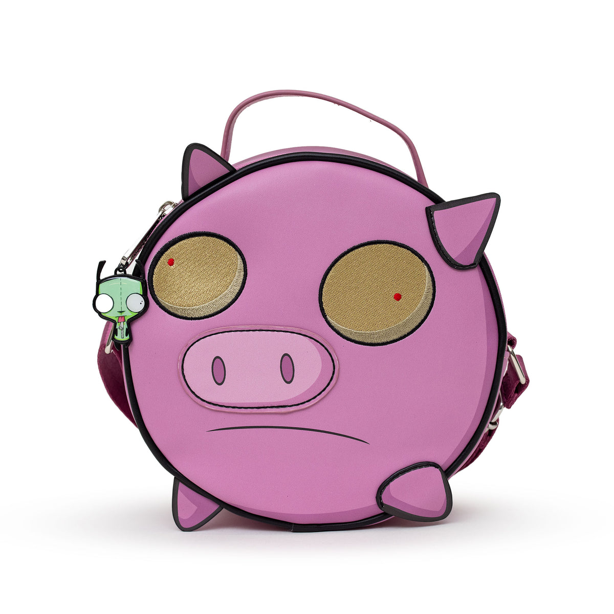 Nickelodeon Bag, Cross Body, Round, Invader Zim Piggy Close Up Applique with Embroidery, Pink, Vegan Leather Crossbody Bags Nickelodeon   