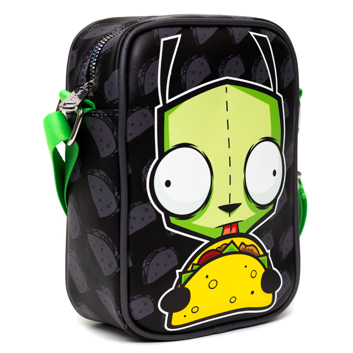 Nickelodeon Bag, Cross Body, Invader Zim GIR Taco Pose With Taco Print Black Gray, Vegan Leather Crossbody Bags Nickelodeon   