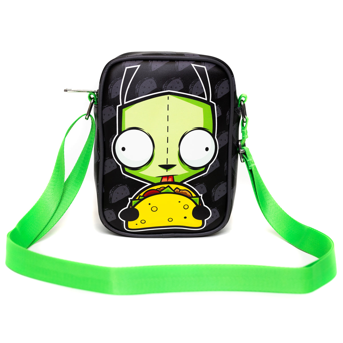 Nickelodeon Bag, Cross Body, Invader Zim GIR Taco Pose With Taco Print Black Gray, Vegan Leather Crossbody Bags Nickelodeon   