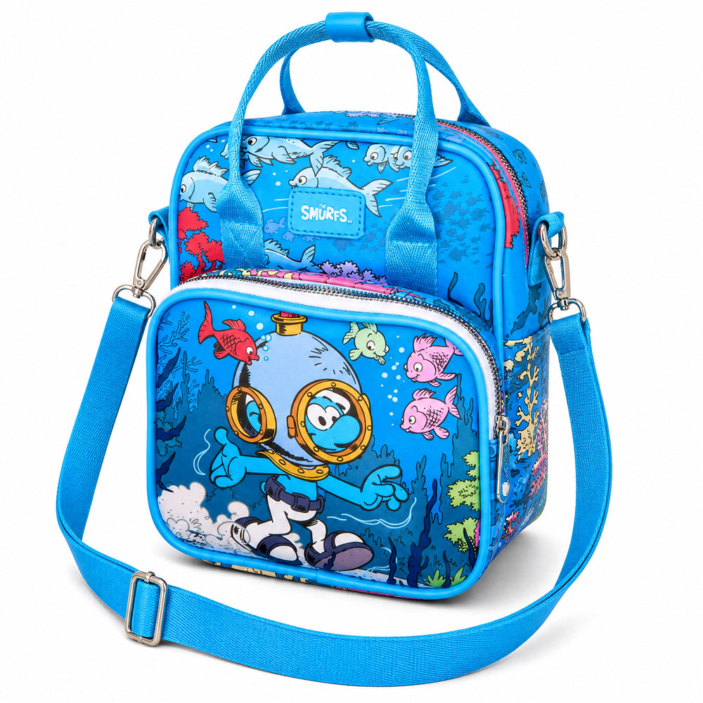 The Smurfs Bag, Crossbody, Diver Smurf Under Water Scene, Blue, Vegan Leather Crossbody Bags The Smurfs