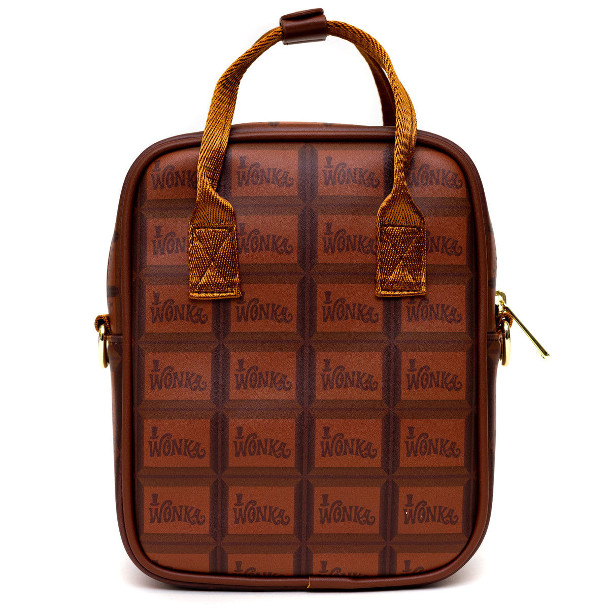 Warner Bros. Movies Bag, Cross Body, Willy Wonka Golden Ticket Text and Wonka Bar Print Browns, Vegan Leather Crossbody Bags Willy Wonka and the Chocolate Factory