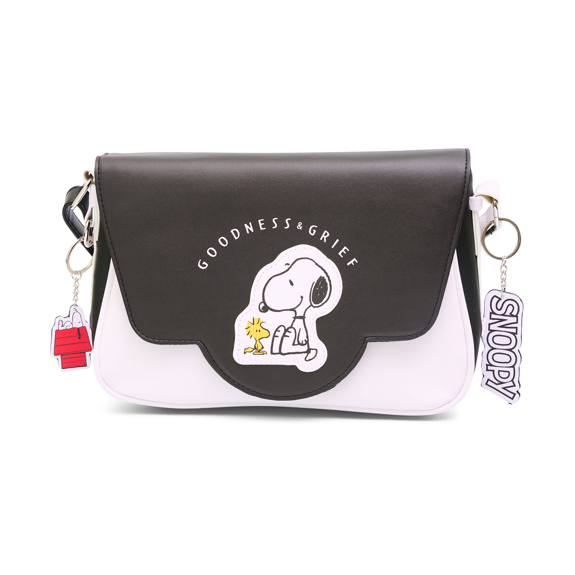 Snoopy & Woodstock Goodness and Grief Fold Over Crossbody Bag – Peanuts Vegan Leather Black Crossbody Bags Peanuts