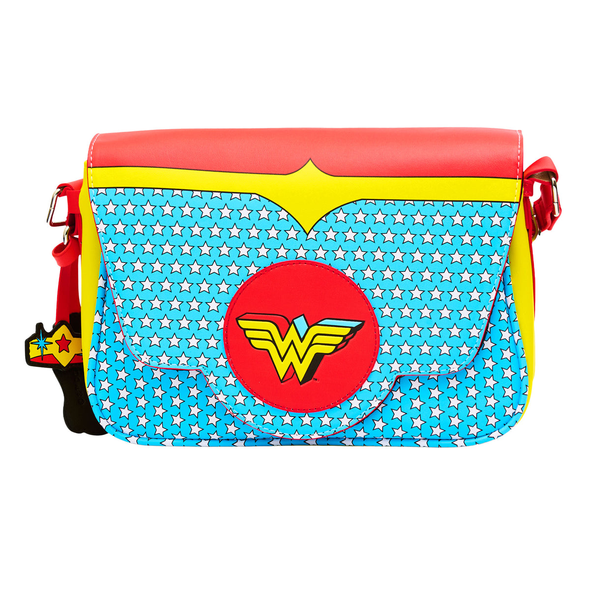 DC Comics Bag, Fold Over Crossbody, Wonder Woman Logo Character Bodice Icons Multi Color, Vegan Leather Crossbody Bags DC Comics