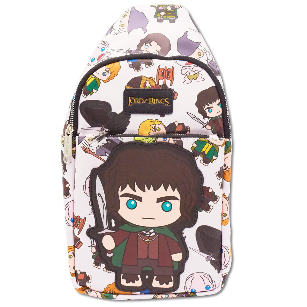 The Lord of the Rings Vegan Leather Crossbody Sling Bag, Chibi Frodo Pose and Characters Collage White, 7" x 14" Crossbody Bags The Lord of the Rings