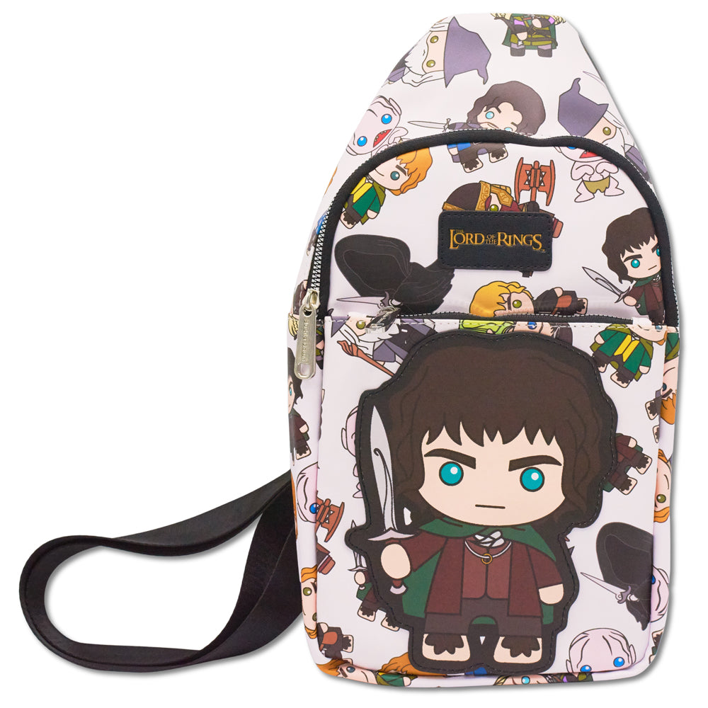The Lord of the Rings Vegan Leather Crossbody Sling Bag, Chibi Frodo Pose and Characters Collage White, 7" x 14" Crossbody Bags The Lord of the Rings