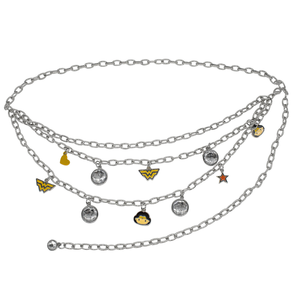 Metal Chain Belt - Silver Chain with Wonder Woman Chibi Face and Logo Charms Metal Chain Belts DC Comics   