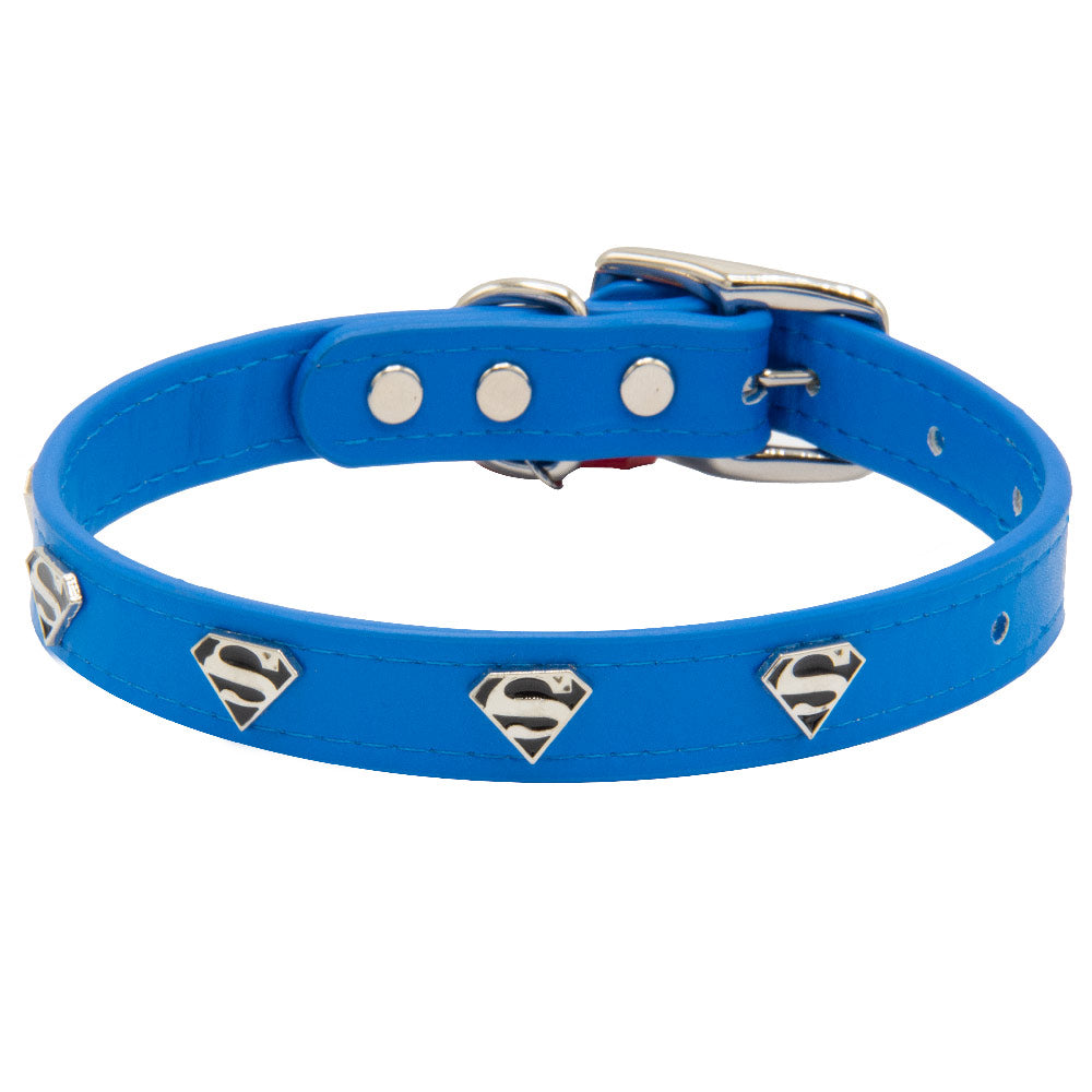 Vegan Leather Dog Collar - Superman Blue with Shield Embellishments & Metal Charm Dog Collars Vegan Leather DC Comics
