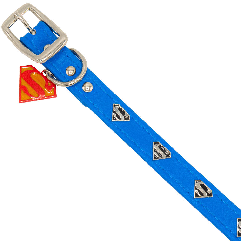Vegan Leather Dog Collar - Superman Blue with Shield Embellishments & Metal Charm Dog Collars Vegan Leather DC Comics