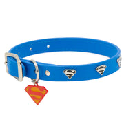 Vegan Leather Dog Collar - Superman Blue with Shield Embellishments & Metal Charm Dog Collars Vegan Leather DC Comics
