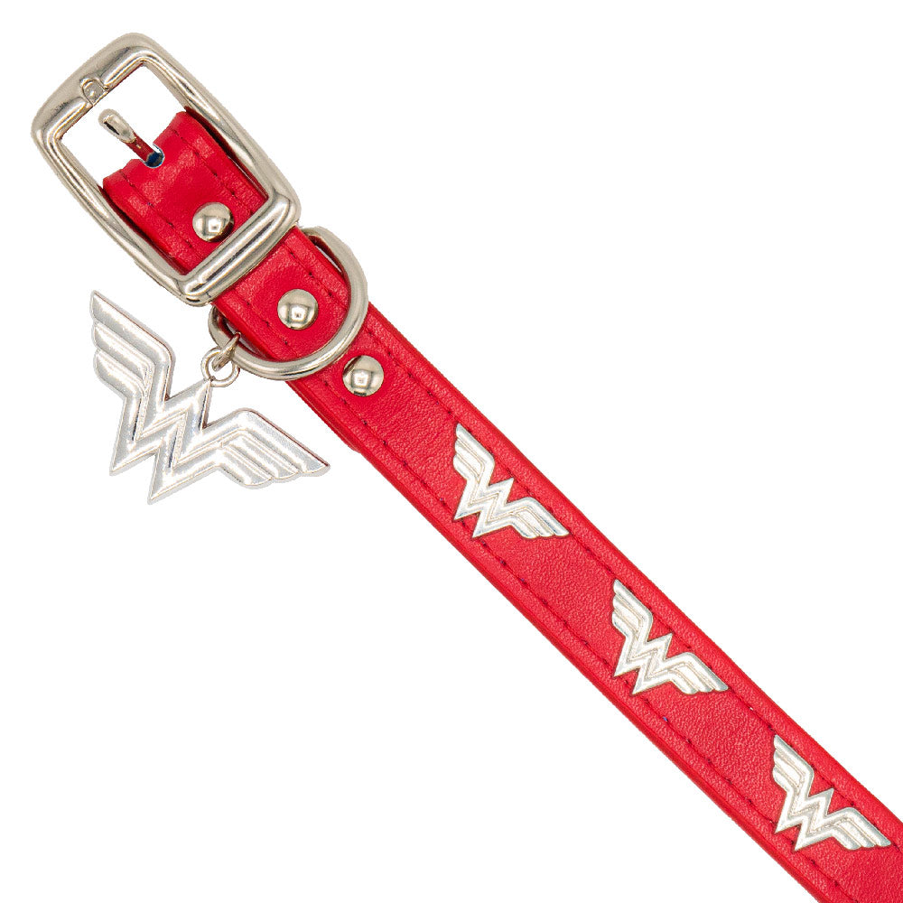 Vegan Leather Dog Collar - Wonder Woman Red with WW Icon Embellishments & Metal Charm Dog Collars Vegan Leather DC Comics
