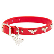 Vegan Leather Dog Collar - Wonder Woman Red with WW Icon Embellishments & Metal Charm Dog Collars Vegan Leather DC Comics