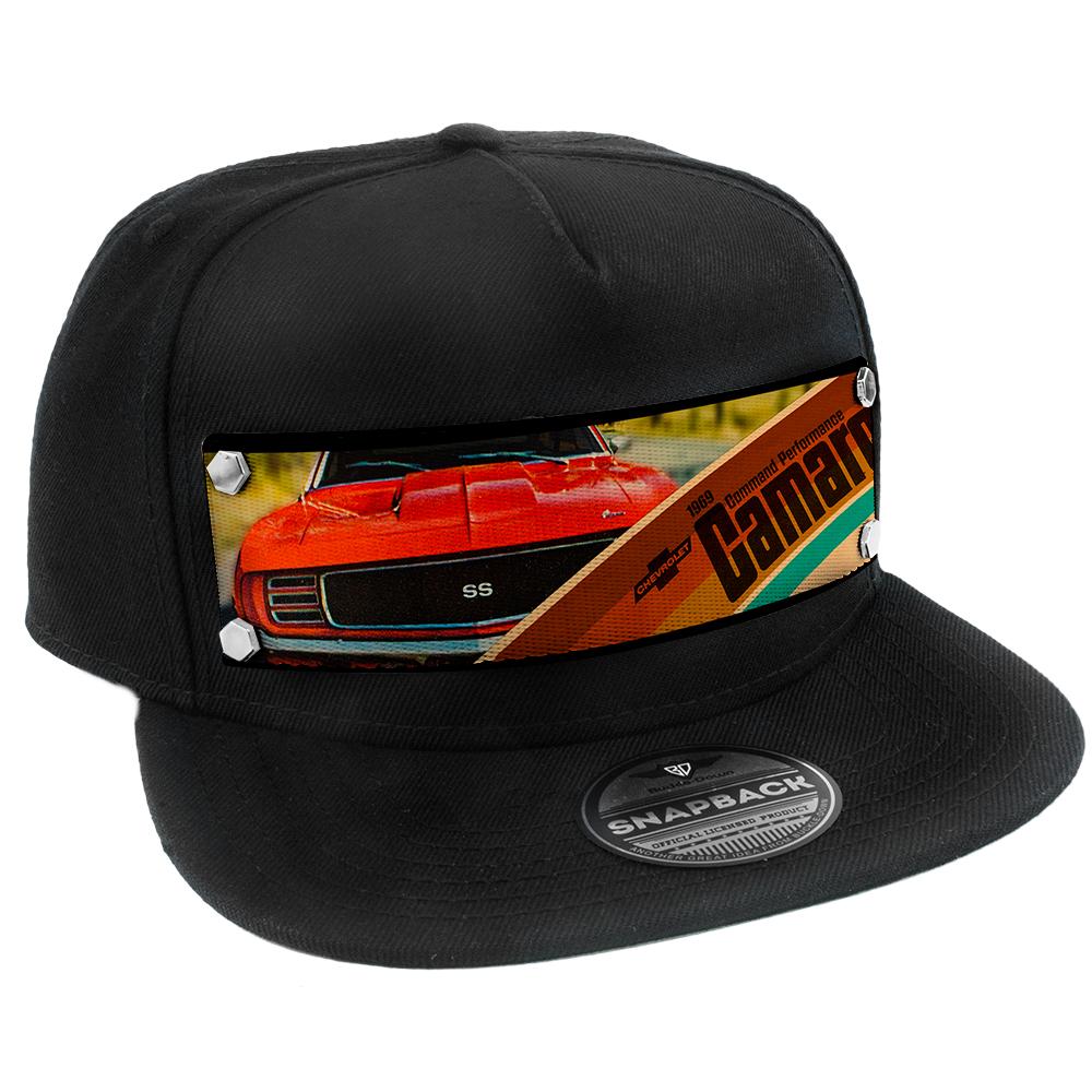Embellishment Trucker Hat BLACK - Full Color Strap - 1969 CHEVROLET CAMARO COMMAND PERFORMANCE Grill View Trucker Hats GM General Motors   