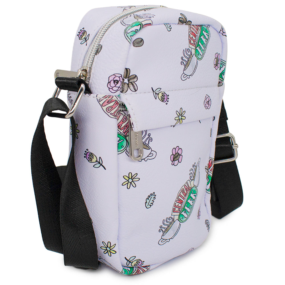 Women's Crossbody Wallet - Friends CENTRAL PERK Logo and Flowers Scattered White Crossbody Bags Friends   