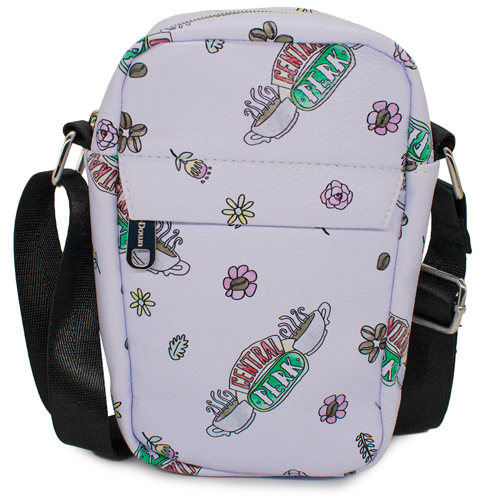 Women's Crossbody Wallet - Friends CENTRAL PERK Logo and Flowers Scattered White Crossbody Bags Friends   