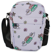 Women's Crossbody Wallet - Friends CENTRAL PERK Logo and Flowers Scattered White Crossbody Bags Friends   