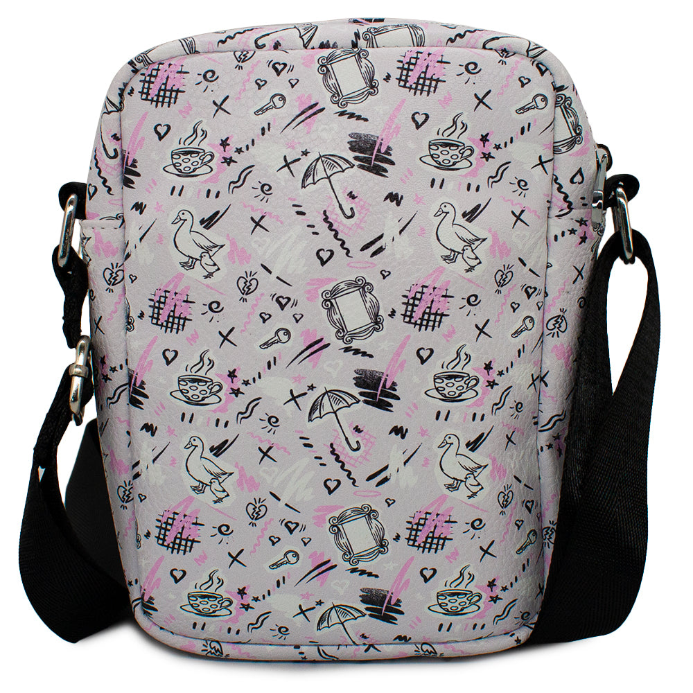 Women's Crossbody Wallet - Friends Television Show Icons Sketch Collage Gray Black Pink Crossbody Bags Friends   