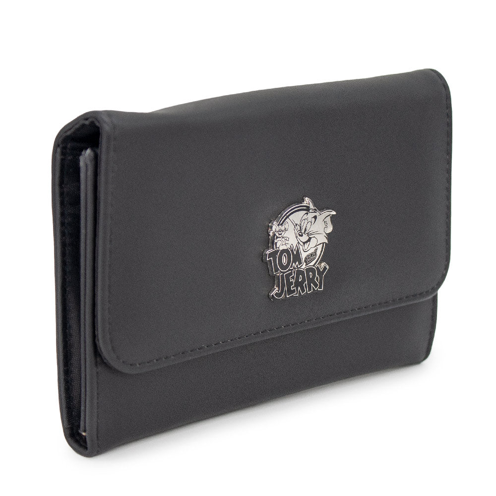 Women's Fold Over Wallet Rectangle PU - TOM AND JERRY Logo Metal Emblem Clutch Snap Closure Wallets Hanna Barbera